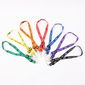 Rainbow of branded lanyards.