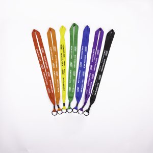 Rainbow-colored lanyards with logo.