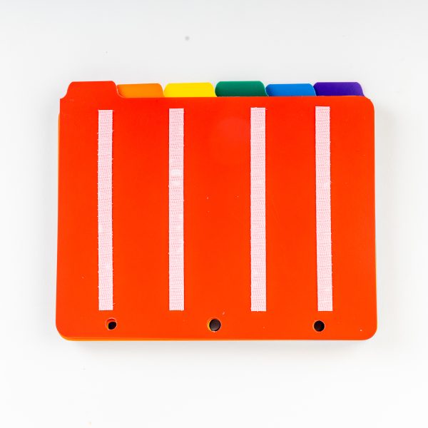 Rainbow tabbed orange file folder.