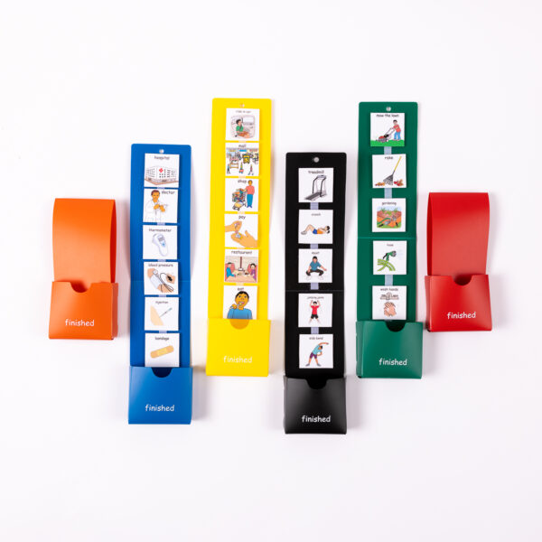 Mini visual schedule cards, multiple colors.