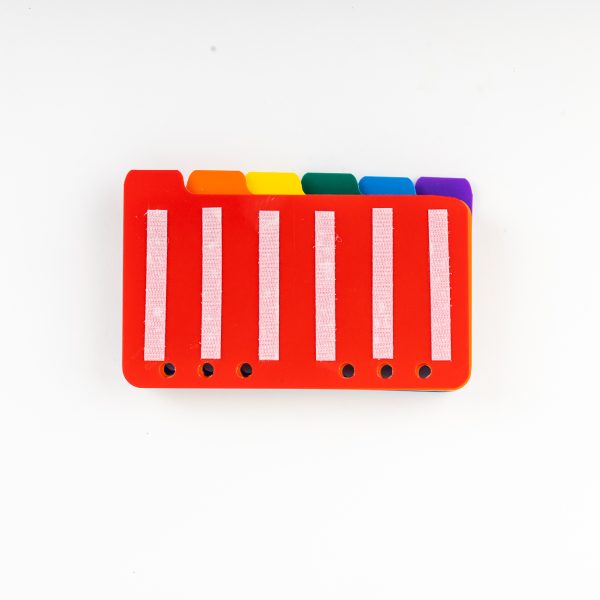 Rainbow tab dividers, red index.