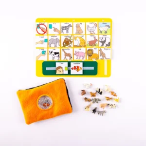 Animal picture cards and figurines.