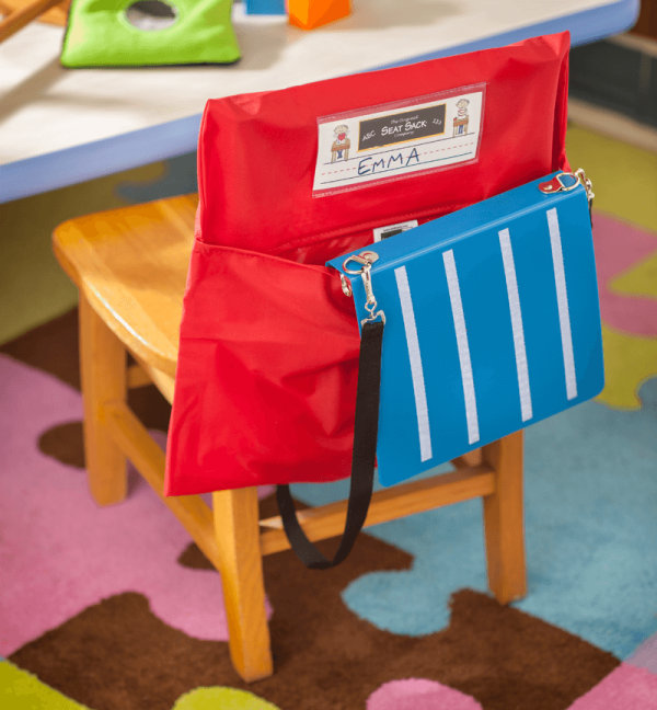 Red chair organizer, child's supplies.