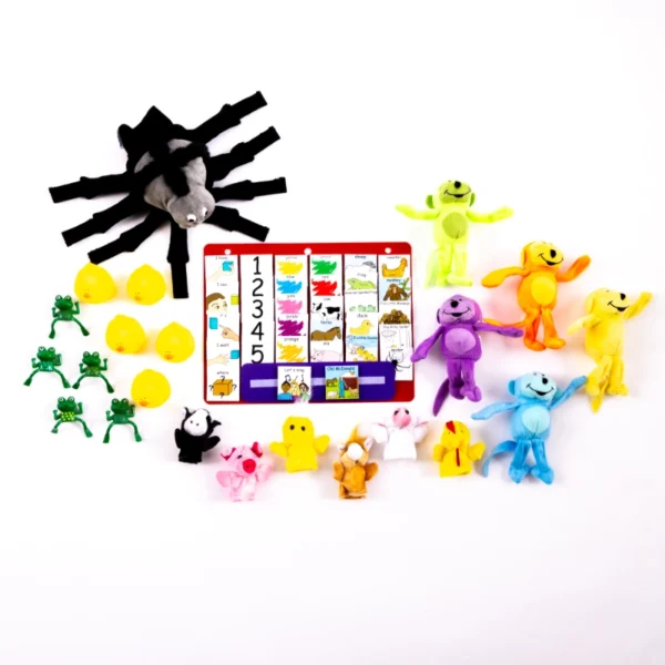 Colorful animal puppets and chart.