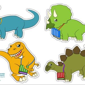 Dinosaurs carrying books.